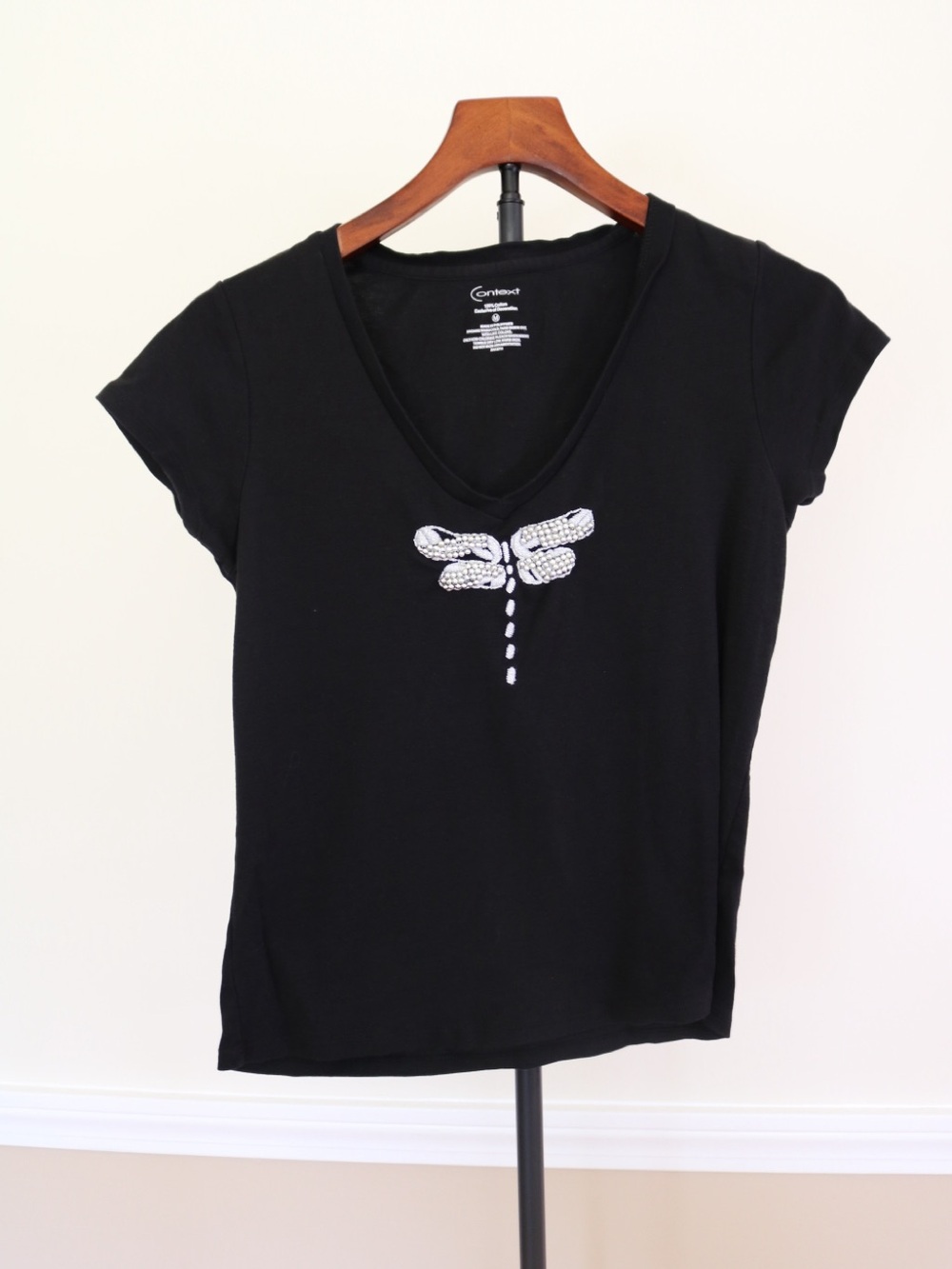 Context Black Short Sleeve V-Neck Tee with Beaded Dragonfly Vintage Baby Tee